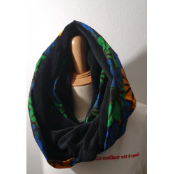 Scarf snood 2 turns in wax african style and fleece black bogolan Fast shipping