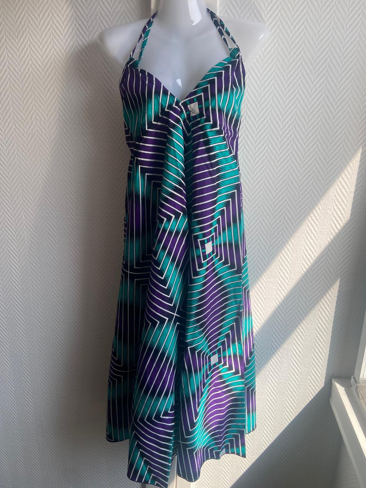 Robe Longue Wax à Imprimé Géométrique - Violet & Vert