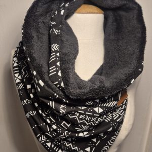 Écharpe Snood Réversible Tissu Wax et Polaire Noire | Foulard Africain Chaud | Cadeau Femme Fait Main| Blanc et Noir