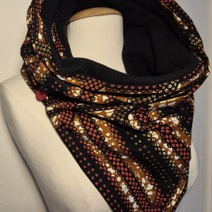 Écharpe Snood Réversible Tissu Wax et Polaire Noire | Foulard Africain Chaud | Cadeau Femme Fait Main| Couler Marron et Noir
