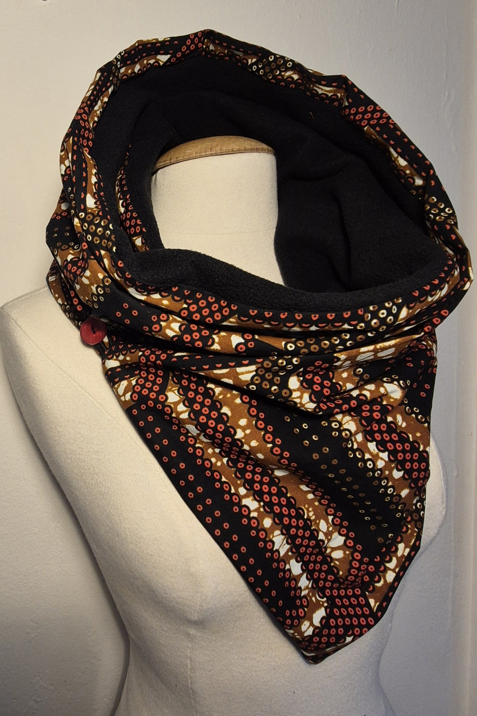 Écharpe Snood Réversible Tissu Wax et Polaire Noire | Foulard Africain Chaud | Cadeau Femme Fait Main| Couler Marron et Noir